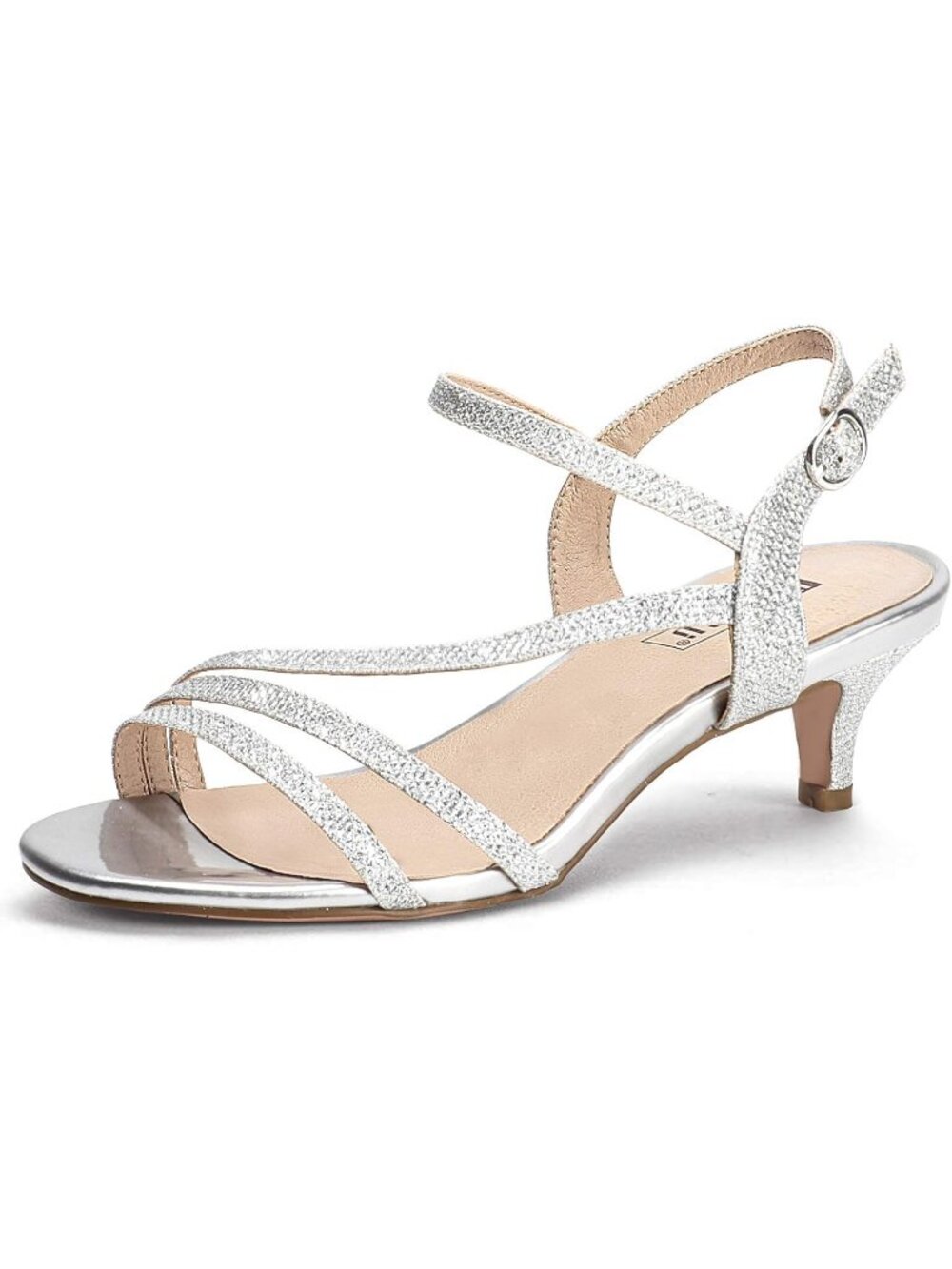Women's Silver Glitter Low Kitten Heels Open Toe Heel Buckle Ankle Strap Sandals